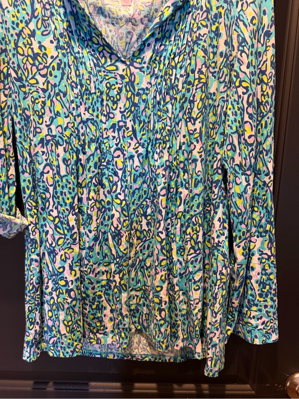 Lilly Pulitzer V-Neck Pleated Tunic in Teal, Pink & Yellow Print